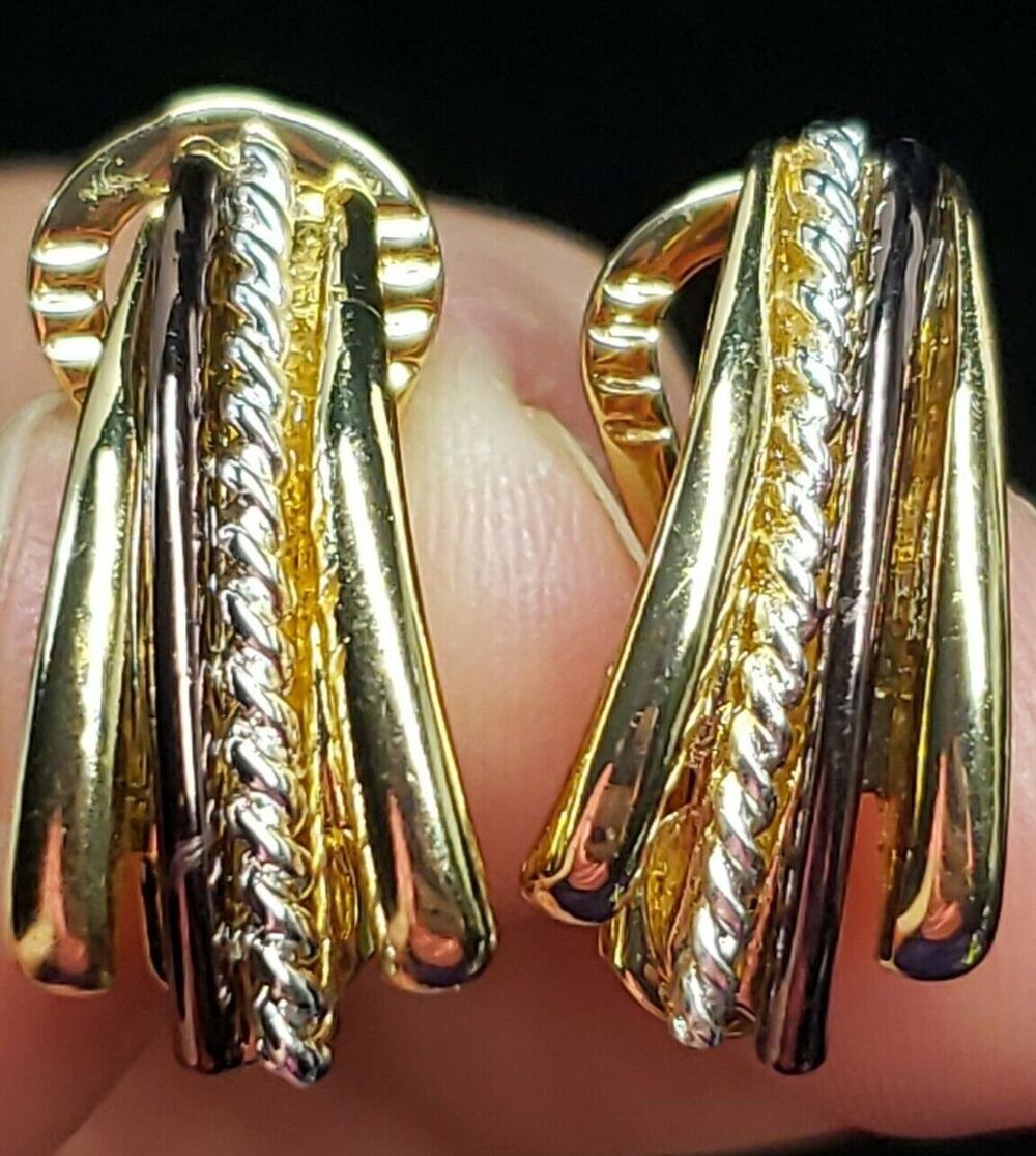 Vintage TJG Signed Fancy Glam Earrings Clip On Gold Tone, Mixed Metals Accents